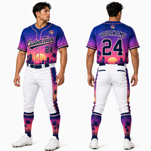 Ensemble de maillot et pantalon de baseball en gros, personnalisable par sublimation et broderie, avec numéro de joueur, manches raglan boutonnées et manches courtes - Product Image 3