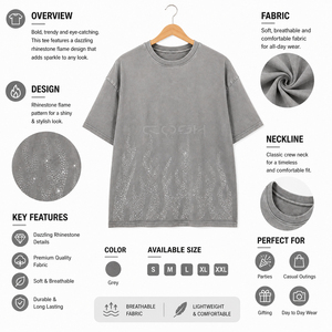 Cosh International New Arrival Men's Oversized Grey Rhinestone <b>Flame</b> T <b>Shirt</b> Vintage Washed Cotton Hip Hop Streetwear - Product Image 6