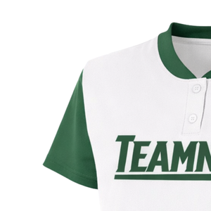 เสื้อซอฟต์บอลแบบสั่งทำพิเศษ ลายพิมพ์แบบ Dye Sublimation สีขาวเขียว คอติดกระดุม ชุดทีมพร้อมหมายเลขด้านหลัง ทรงพอดีตัวแบบนักกีฬา - Product Image 5