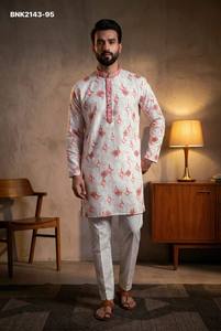 Ensemble Kurta-Churidar pour homme en coton de haute qualité avec broderie imprimée et sequins, travail Butta, manches longues, vente en gros - Product Image 3