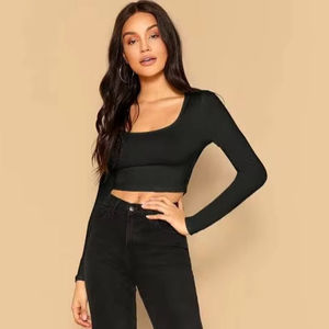 Haut court à manches longues pour femme, noir uni, coupe ajustée, tissu extensible, mode décontractée, streetwear - Product Image 5