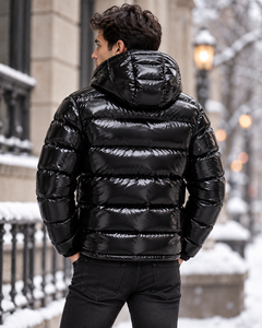 Blouson matelassé noir brillant à capuche pour homme, coupe ample, épais, style streetwear, fermeture éclair, pour l'hiver - Product Image 2