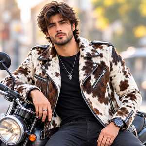 <b>Men's</b> Cowhide Hair Leather Biker <b>Jacket</b> Motorcycle <b>Jacket</b> with Hood Breathable <b>Summer</b> Casual Leather <b>Jacket</b> - Product Image 1