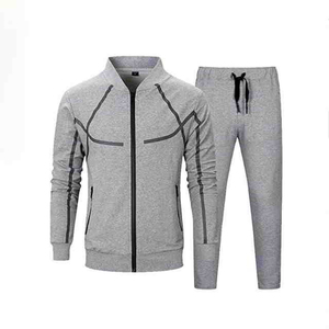 Conjunto Deportivo Gris para Hombre, Manga Larga, Cierre de Cremallera, Cuello Alto, Pantalones Deportivos Casuales, Transpirable, Color Sólido, Ropa Deportiva para Otoño - Product Image 1