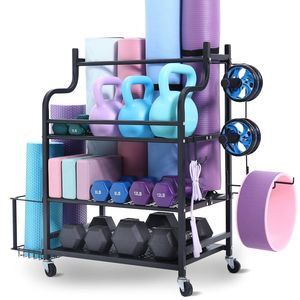 Organizzatore per Attrezzature da Palestra Domestica, Supporto per Tappetini Yoga in Acciaio Verniciato a Polvere con Ganci e Ruote, Scaffale Portaoggetti per Tappetini Yoga - Product Image 1