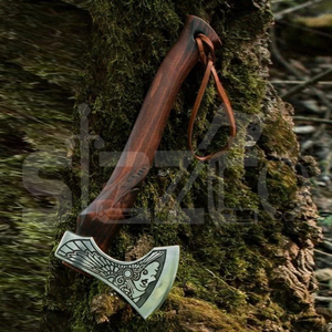 Custom Gift Forged Carbon Steel Viking Style <b>Axe</b> Bearded <b>Axe</b> Rose Wood Tomahawk Real Hatchet, Best Gift Premium Leather Sheath - Product Image 3