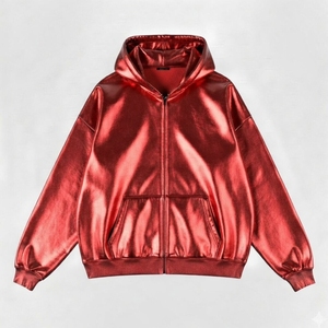 Sweat à capuche zippé personnalisé en similicuir velours brillant 100% coton, style streetwear, avec poche kangourou, bordure côtelée, respirant - Product Image 2