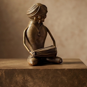Figurine artisanale Dhokra en laiton représentant un musicien tribal avec un tambour traditionnel, sculpture d'art populaire indien faite à la main, décoration intérieure - Product Image 2