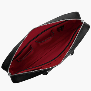 Housse pour ordinateur portable en cuir bleu marine avec poignée à rayures orange, pour le transport, usage professionnel et bureautique, design protecteur - Product Image 5