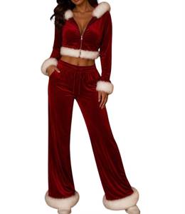 Orange Velvet Hooded Breathable Tracksuit Two Piece Jogger Set with White <b>Fur</b> <b>Trim</b> Zip up Crop <b>Top</b> Winter - Product Image 4