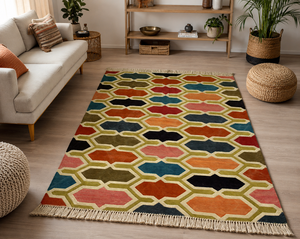 Alfombra Dhurrie Geométrica de Algodón Hecha a Mano, Alfombra Plana de Tejido Plano, Alfombra Kilim Colorida, Decoración del Hogar, Alfombra para Sala de Estar - Product Image 1