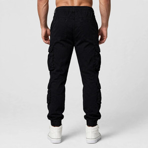 Pantalon cargo noir pour homme, plusieurs poches, taille élastique, fermeture éclair, style workwear, tissu en toile mi-lourd, vêtements d'automne - Product Image 2