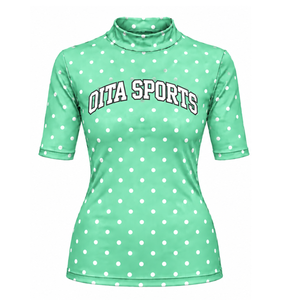 <b>Mint</b> <b>Green</b> Polka Dot Women Mock Neck Short Sleeve T Shirt Slim Fit Printed Casual Stretch <b>Top</b> Fashion Summer Wear Wholesale - Product Image 1