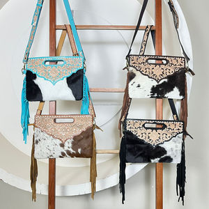 Nouveau sac à main tendance en cuir de vachette à franges, sac bandoulière en cuir turquoise travaillé, sac à bandoulière en cuir de vache à poils pour femme - Product Image 4