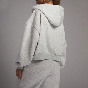 Women Full <b>Zip</b> Hooded <b>Crop</b> Sweatshirt Set Solid Casual Tracksuit With Side Pockets Loose Fit Autumn Wear - Product Image 2