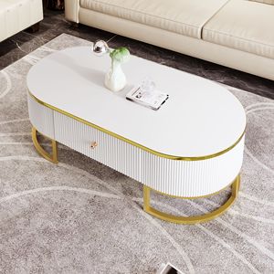 Tavolino da Caffè Ovale Moderno con Decorazioni in Metallo Dorato, Design a Profilo Curvo e Cassetti, Tavolo Centrale da 120 cm per Soggiorno - Product Image 3