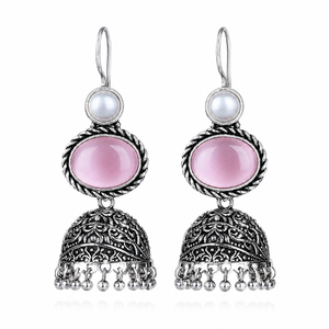 Pendientes de Campana Tribales Oxidados con Piedra Ovalada Rosa Monalisa |   Joyería india vintage hecha a mano |   Pendientes de estilo bohemio para festivales - Product Image 2