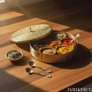 Brass Masala Box: Handmade Indian <b>Spice</b> <b>Storage</b> with Spoon - Product Image 4
