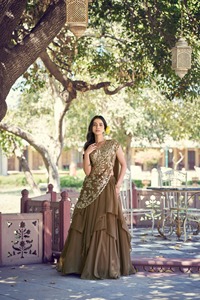 Brown Embroidered Lehenga Set Sleeveless V Neck Net Blouse Dupatta Traditional Indian Outfit <b>Wedding</b> Banquet Wear - Product Image 3