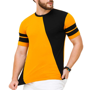 Camiseta de Manga Corta para Hombre, Cuello Redondo, Diseño Casual Tejido, Bloques de Color, Patrón de Rayas Amarillas y Negras - Product Image 1