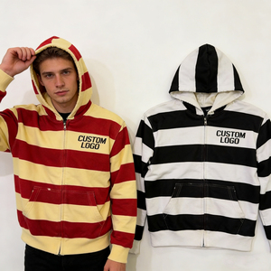 Sweat-shirts à capuche personnalisés pour hommes, rayés, oversize, zippés, en polaire vintage, style streetwear décontracté, avec patch numéro brodé - Product Image 4