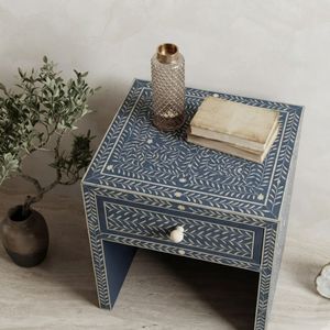 Modern Bone Inlay Nightstand <b>Side</b> <b>Table</b> Cabinet Blue and White Bedside <b>Storage</b> Drawer for Living Room - Product Image 4