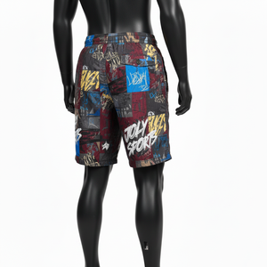 กางเกงขาสั้นผ้าโพลีเอสเตอร์น้ำหนักเบา 120 GSM แบบกันลม พิมพ์ลายกราฟฟิตีหลากสีแบบปะติด พร้อมสกรีนโลโก้ตามสั่งสำหรับผู้ชาย - Product Image 3