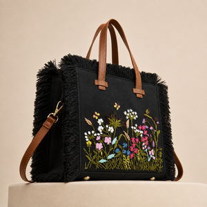 Lady Fashion <b>Black</b> Landscape <b>Sequined</b> Embroidered Tote <b>Bag</b> Canvas Lining Single Strap Fringe Shoulder Crossbody Shopping Travel - Product Image 3