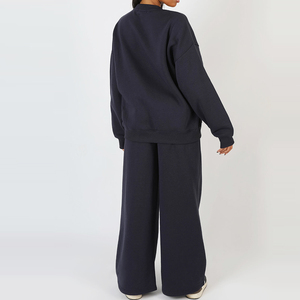 Women <b>Plus</b> <b>Size</b> Navy Blue Cotton Tracksuit Set Crew Neck <b>Sweater</b> Wide Leg Pants Loose Fit Casual Autumn Wear Full Length - Product Image 4