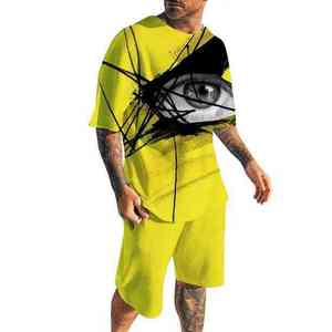 Ensemble de vêtements décontractés pour homme, jaune uni, manches courtes, deux pièces, pour la plage, séchage rapide, coton/polyester - Product Image 1