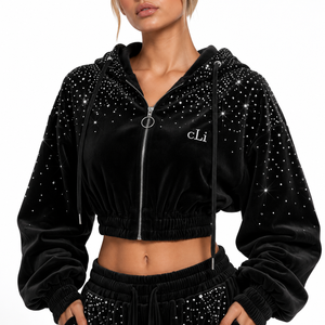 Ensemble de vêtements de détente en velours scintillant pour femmes, inspiré des créateurs, avec sweat à capuche zippé personnalisé et pantalon coupe décontractée, orné de strass - Product Image 4