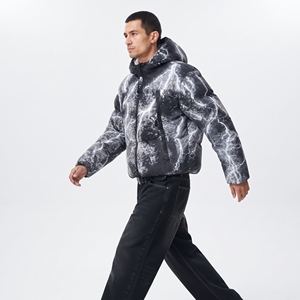 <b>Men</b>’s Lightning Print Hooded Puffer <b>Jacket</b> Black & <b>White</b> Graphic Quilted Winter <b>Jacket</b> with Full Zip Closure - Product Image 1