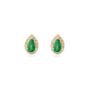 Dainty Minimalist Simple <b>Emerald</b> & Diamond Wholesale Pear Shape Halo <b>Stud</b> Earrings For Girls 14K Real Yellow Gold Women Jewelry - Product Image 1