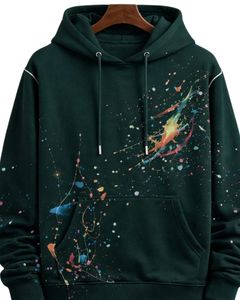เสื้อฮู้ดดี้ผู้ชายสีเขียวเข้มลายเพ้นท์สแปลชแบบนามธรรม ผ้าฝ้ายฟลีซ สไตล์ลำลอง สตรีทแวร์ ผู้ผลิตตามสั่ง ขายส่งเสื้อผ้า - Product Image 1