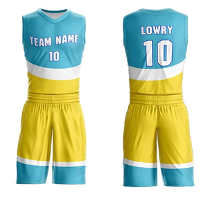 Uniforme de Baloncesto Sublimado Personalizado, Conjunto de Camiseta y Pantalones Cortos con Franjas Curvas en Azul Cielo, Amarillo y Blanco, Ropa Deportiva para Equipos OEM - Product Image 1