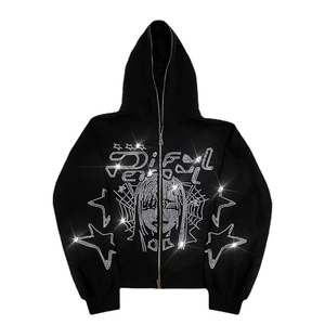 Sudadera con capucha y cremallera completa para hombre con logotipo personalizado de diamantes de imitación, moda de invierno, informal, estilo hip hop, deportiva, de secado rápido, tejido de alta calidad - Product Image 1