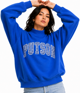 Suéter Universitario Preppy para Mujer, Cuello Redondo, Apliques de Guingán, Bordado Personalizado, Felpa Francesa, Ropa Cómoda para Días de Partido - Product Image 5