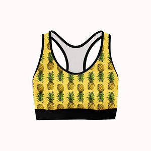 Soutien-gorge de sport pour femme à imprimé ananas, col ras du cou, dos nageur, maintien moyen, respirant, avec bordure contrastante jaune - Product Image 4