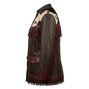 Women Stand Collar Burgundy <b>Fringe</b> Leather <b>Jacket</b> Real Cowhide Hair On Hide Western Yoke Bottom Trimmed Country Coat - Product Image 4