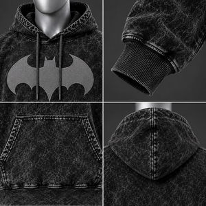 Sweat à capuche noir délavé pour homme, imprimé graphique personnalisé chauve-souris, pull oversize streetwear en molleton, mode décontractée, vente en gros - Product Image 4
