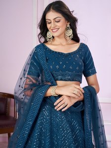 Blue Sequin Embroidered Wedding Lehenga Choli <b>Net</b> Dupatta Women Party <b>Dress</b> - Product Image 4