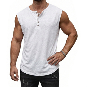 Wholesale Bulk Men's Textured Slub Cotton Sleeveless Henley Shirt Athletic Muscle Fit Gym <b>Vest</b> Custom Branding Tank Tops For Men - Product Image 2