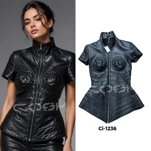 Designer Avant Garde Black Leather <b>Corset</b> Jacket With Front Zipper Closure - Product Image 5