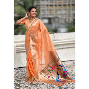 ผ้าซิ่นอินเดียแบบดั้งเดิมสุดหรูหรา ผ้าออร์แกนซ่าพีชลายปาธานี ปักดิ้นทอง สำหรับผู้หญิง - Product Image 2