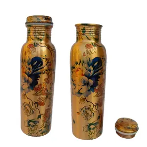 Garrafa de água doce de metal de cobre puro, produto de decoração, garrafa com design de flor, impressão, para academia, beber água, comprimido