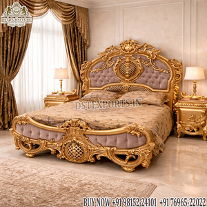 Traditional Maharani Style Canopy Bed with Side <b>Table</b> Grand Palace Style Four Poster Bed Gold Finish Master Bedroom Furniture UK - Product Image 4