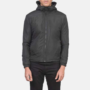 Veste matelassée à capuche pour homme, coupe-vent, décontractée, noire unie, fermeture éclair, rembourrage en polyester, veste d'automne - Product Image 3