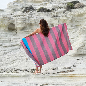 Serviettes de plage rayées écologiques personnalisées en gros, avec logo imprimé sur mesure, en coton turc, sans sable, de luxe, serviettes de bain personnalisées - Product Image 2