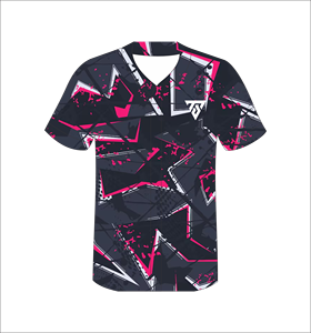 Maillot de baseball personnalisé pour homme, col en V, noir et rose, imprimé géométrique, manches courtes, polyester sublimé anti-humidité - Product Image 5