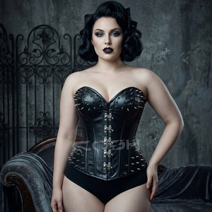 Full Bust Steelboned <b>Gothic</b> And Steampunk Black Leather <b>Corset</b> With Spikes And Front Swing Clasp Closure - Product Image 2